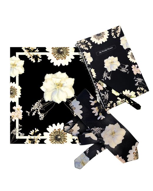 Baines London Black Gift Set: 'Strength' Silk Scarf, Satin Tie, Weekly Planner & Pen