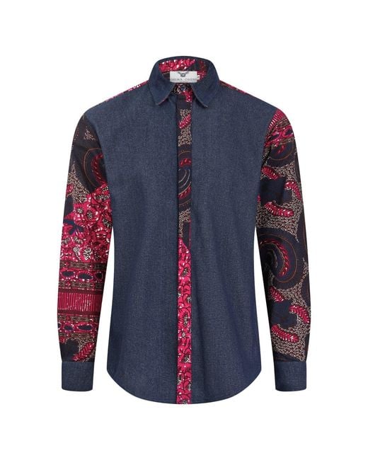 Ohema Ohene Blue Denim & African Print Cotton Shirt – Contrast Panel for men