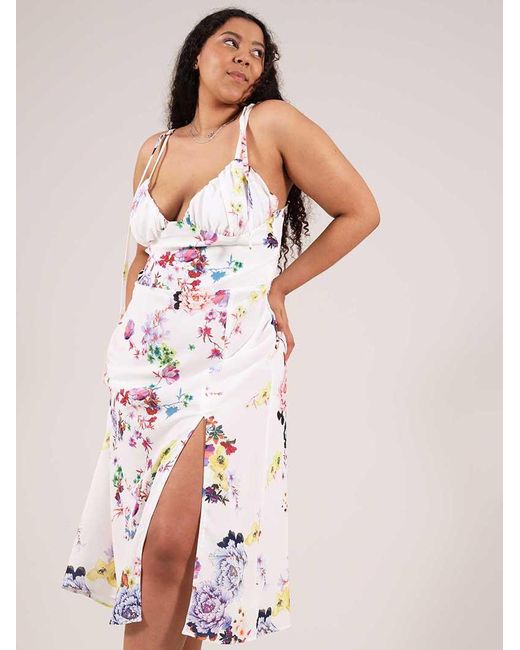 blonde gone rogue White Flower Power Midi Dress With Slit, Upcycled Viscose