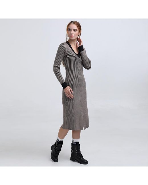Smart and Joy Brown Bi Color V Neck Jumper Dress