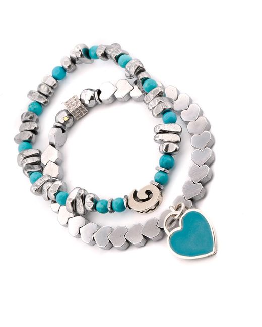 Ebru Jewelry Blue Sterling Love Charms & Hematite Stone Beaded Bracelet Set
