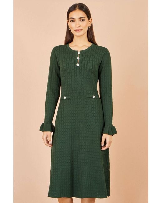 Yumi' Green Viscose Knitted Midi Dress With Buttons
