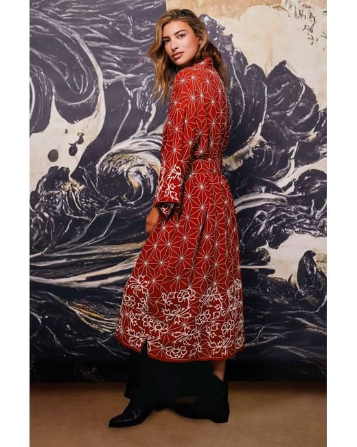 Artemis Muse Asanoha & Peony Embroidered Terracotta Fully Lined Long Kimono