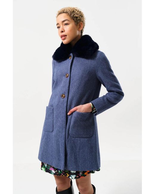 Louche Blue Dryden Herringbone Fur Collared Coat