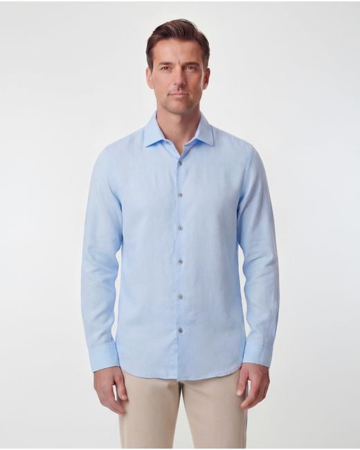 Lords of Harlech Blue Lionel Linen Button Down Shirt for men