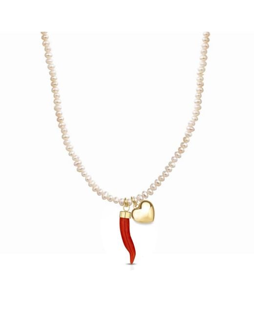 Unaloe Metallic Baroque Pearl Necklace With Coral Cornicello And-Plated Heart