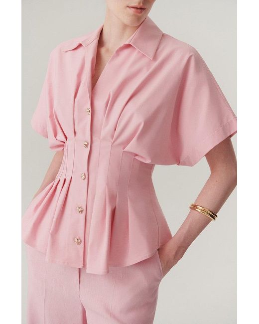 Exquise Pink Regular Pleated Waist Button-Up Blouse