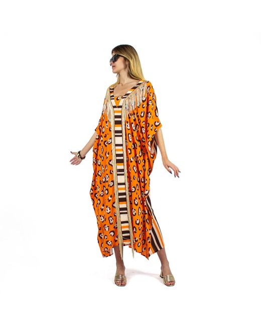 Lalipop Design Orange Leopard Print Viscose Kaftan With Fringe Details