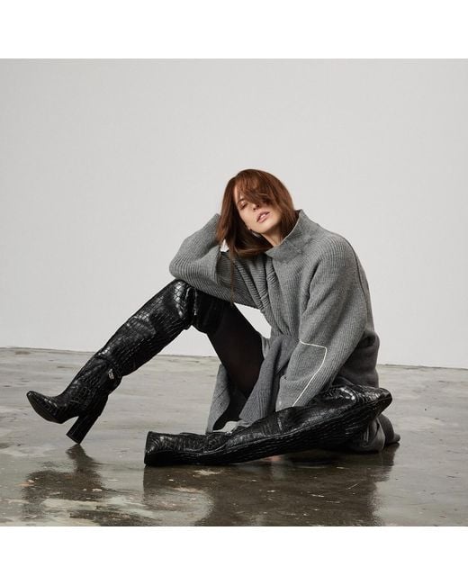 Rosamund Muir London Black Roma Crocodile Print Over Knee Boots
