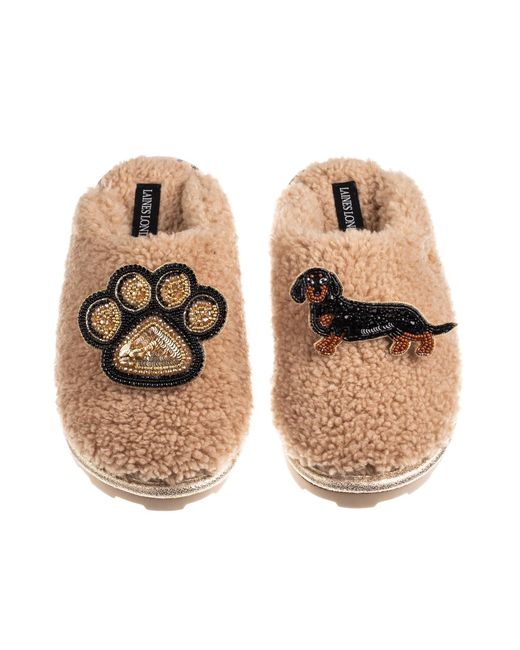 Laines London Metallic Neutrals Teddy Closed Toe Slippers With Paw & & Tan Dachshund Brooches