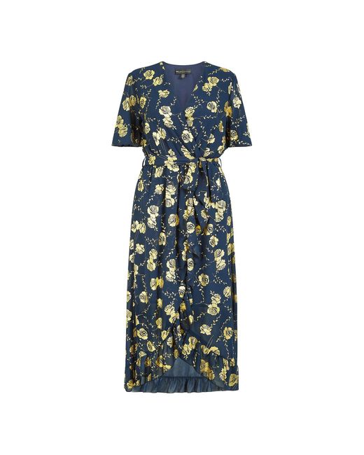 Yumi' Synthetic Mela Navy Rose Foil Print Wrap Midi Dress in Blue | Lyst