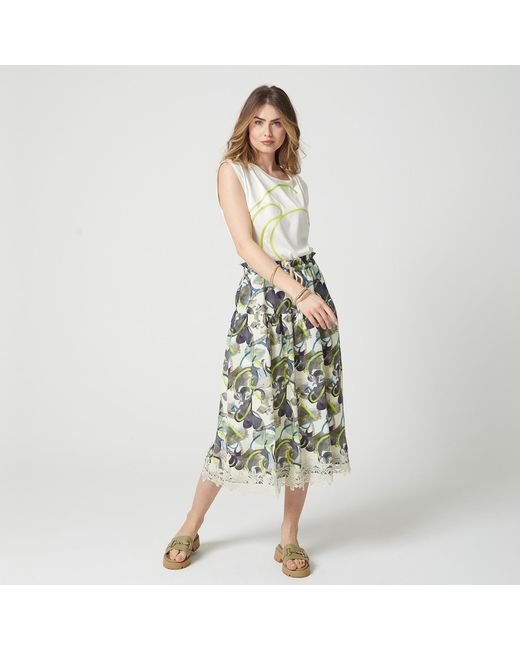 Lalipop Design Green Linen Tiered Drawstring Skirt With Trims Of Lace Appliques