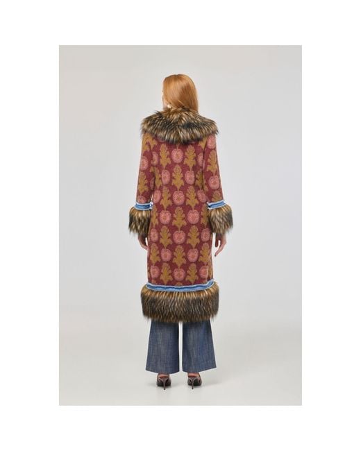 The Extreme Collection Brown Multicolour Long Knit Coat With Faux Fur Piper