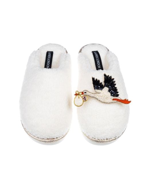 Laines London White Neutrals Teddy Closed Toe Slippers With Light Skin Baby Stork Brooches