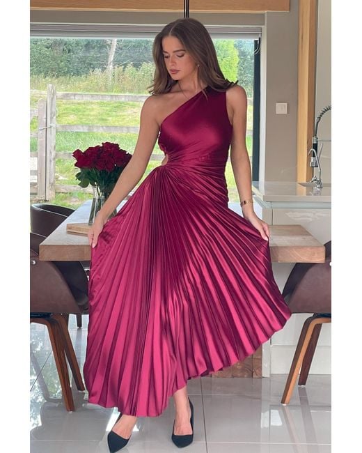 Girl In Mind Pink Aoife One Shoulder Pleated Midi Dress Berry