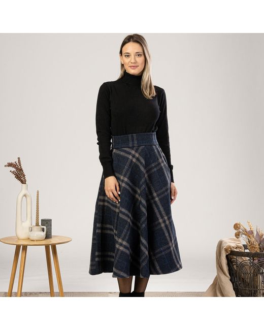 Nikka Place Blue Wool Midi Tartan Skirt With High Waist & Pockets