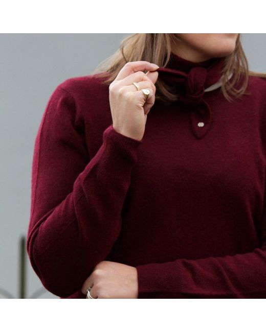 tirillm Red Sasha Basic Cashmere Pullover With Round Neck, Deep Burgundy With Light Stripes