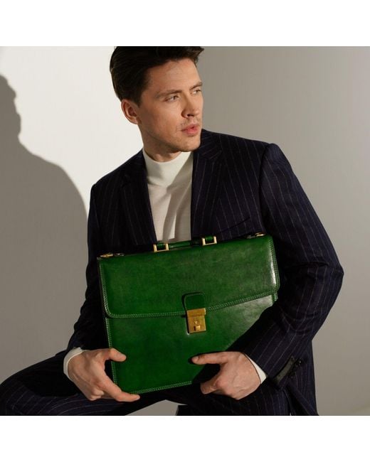 Time Resistance Green Leather Briefcase for men