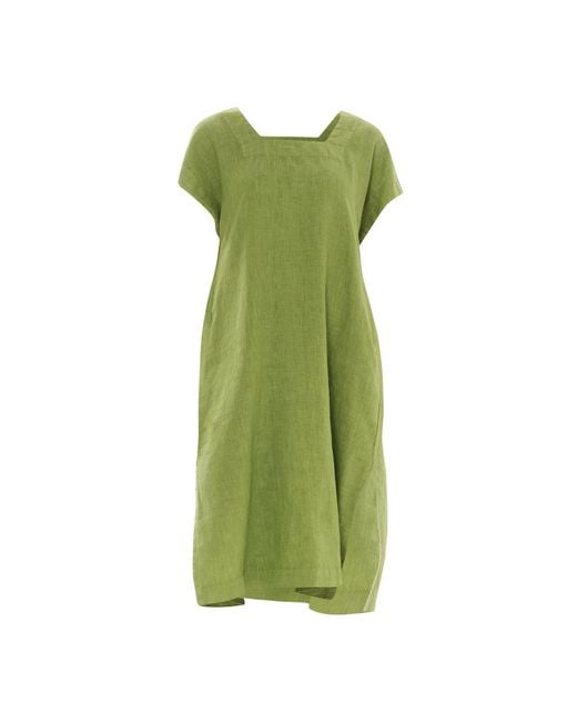Haris Cotton Green Smock Linen Dress With Split Hem Avocado