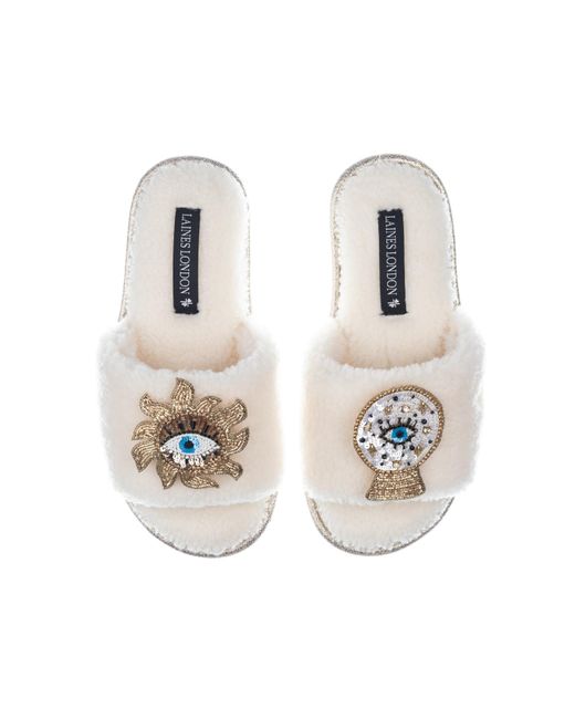 Laines London Metallic Teddy Towelling Slipper Sliders With Mystic Eyes Brooches