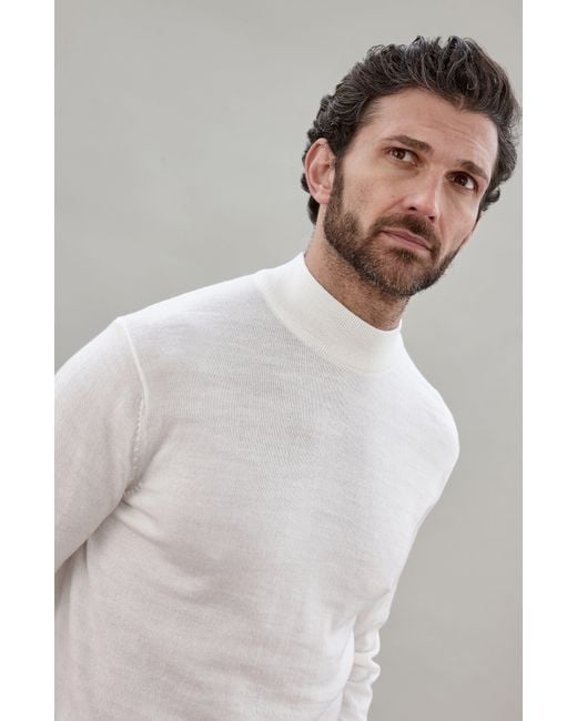Paul James Knitwear White Extra Fine Merino Wool Shaw Mock Turtleneck Jumper for men
