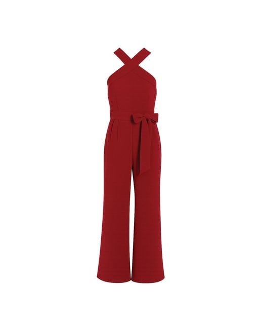 Yumi' Red Burgundy Cross Over Halter Neck Jumpsuit