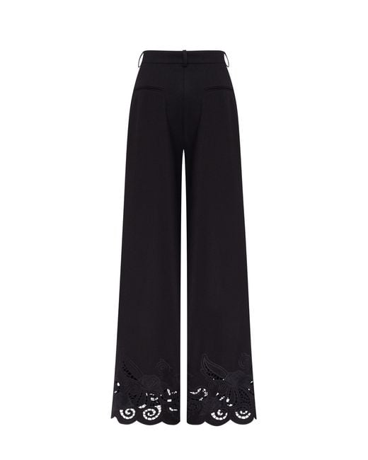 Annabo Black Rose Eyelet Embroidered Wool Wide-Leg Pants