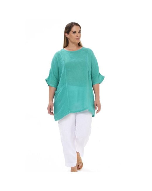 Haris Cotton Natural Neutrals Front Pocket Curve Linen Gauze Blouse With Batwing Sleeve Beach Sand