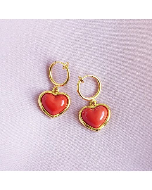 POPORCELAIN Red Porcelain Heart Clip-On Hoop Earrings