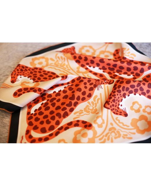 Jessie Zhao New York Brown Silk Bandana Of Leopards With Floral Fountain