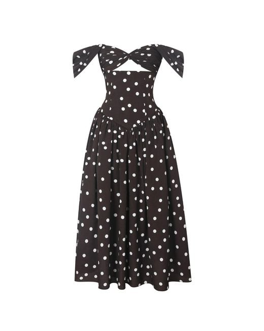 Miss Circle New York Black Xandie Mocha Polka Dot Off-Shoulder Midi Dress