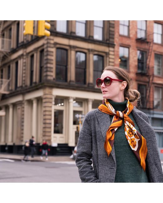 Jessie Zhao New York Brown Double Sided Silk Scarf Of Leopards With Floral Fountain