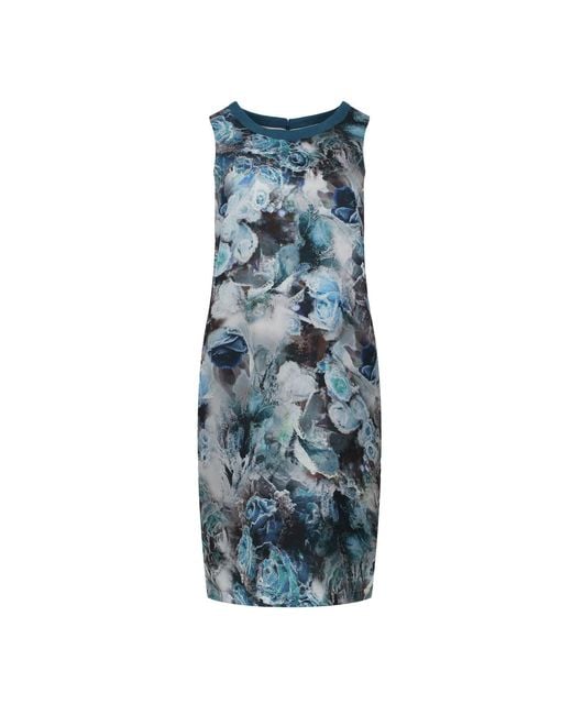 Conquista Blue Floral Print Sleeveless Dress With Hidden Zip