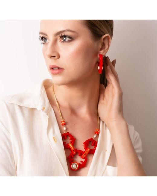 Gissa Bicalho Orange Handmade Hoop Coral And Pearl S