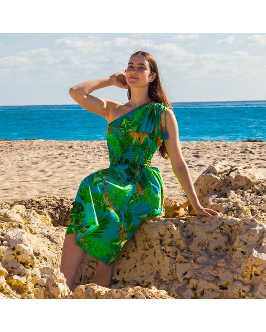 Pick Happy Green One Shoulder Asymmetry Goddess Cotton Dress With Silk Tassels