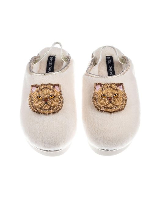 Laines London Metallic Neutrals Flatform Cloud Slippers With Double Ginger Persian Cat Brooches