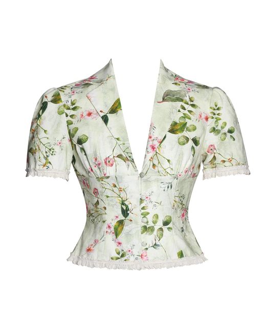 Miss Circle New York Green Zanella Floral Print Lace Trim Linen Top