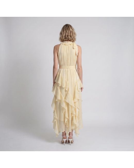 Modenaire Metallic Halter Neck Maxi Dress With Ruffle Layers And Waist Tie