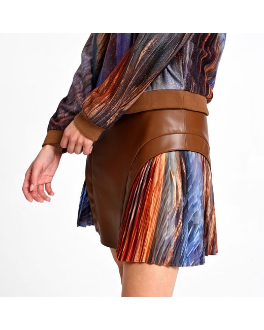 Lalipop Design Brown Mini Skirt With Pleated Digital Print Inserts And Vegan Leather Panels