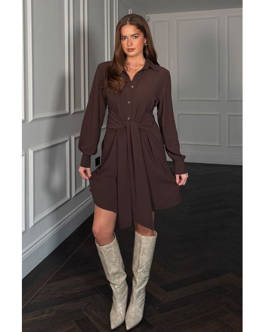 Girl In Mind Brown Mira Tie Mini Shirt Dress