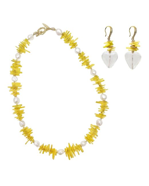 Farra Yellow Bemboo Coral With Pearls Necklace And Earrings Set