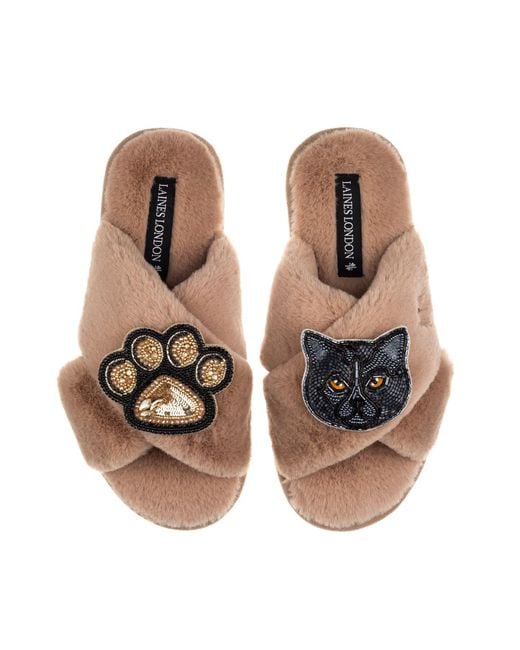 Laines London Brown Neutrals Classic Laines Slippers With Paw & British Shorthair Cat Brooches