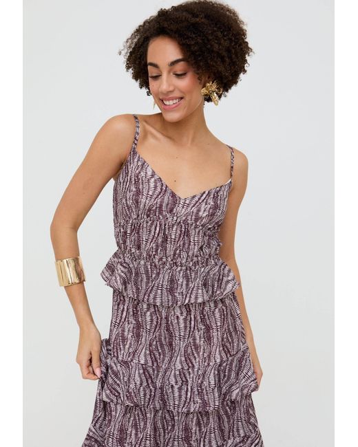 Raffya Brown Tangiers Tiered Line Print Maxi Dress