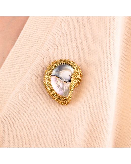Oana Savu Metallic Hand Beaded Nautilus Shell Goddess Brooch Sterling Pin