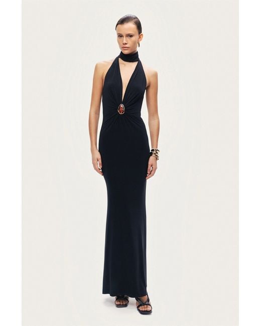 Nocturne Black Halter-Neck Draped Maxi Dress
