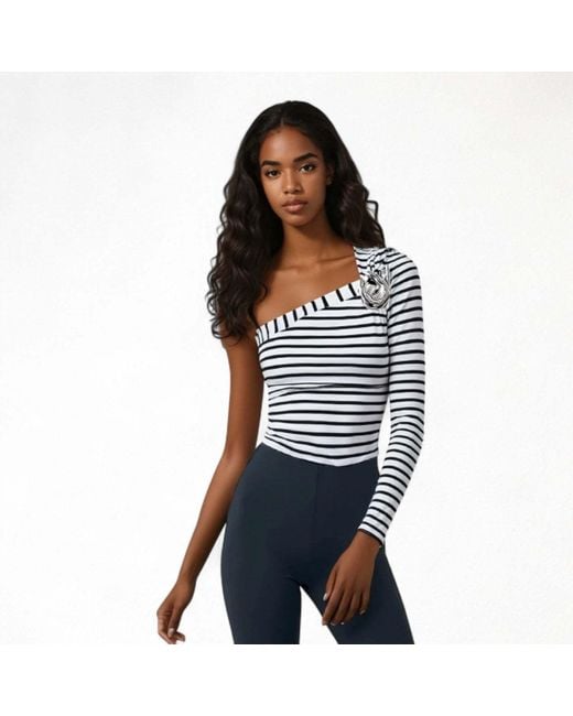 London Atelier Byproduct Multicolor Striped One Sleeve Top With Metal Brooch