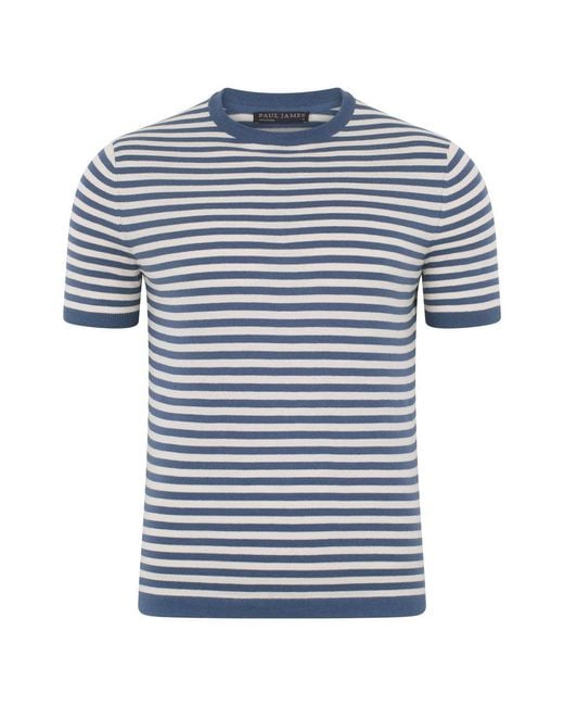 Paul James Knitwear Blue Mens Ultra-fine Cotton Miguel Knitted Breton T-shirt for men