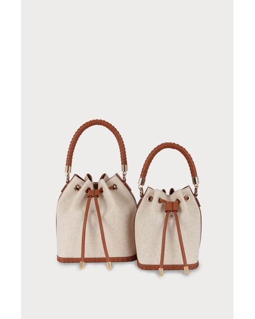 Saonara Brand Pink Mini Bucket Bag Linen Caramel Leather