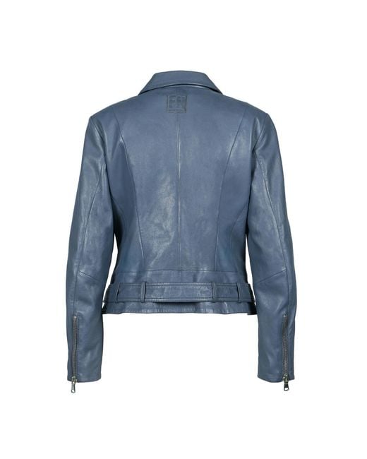 Freaky Nation Blue Leather Biker Jacket Graphite