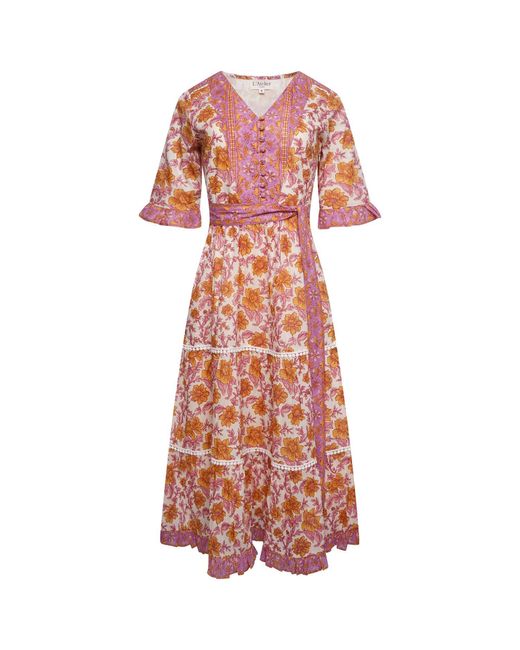 LAtelier London Pink Noemi Floral Block Print Cotton Midi Dress